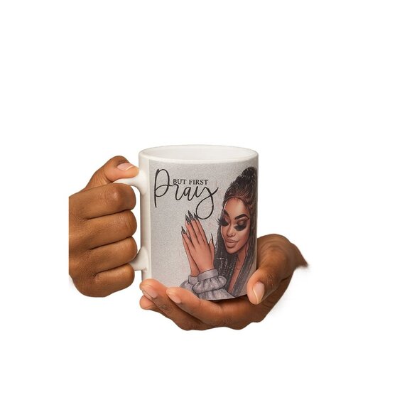 Handmade 12 oz Coffee Mug – “But First Pray” Glitter Silver Cup | Inspirational - Picture 3 of 7